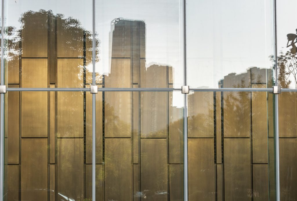close up of modern office buildings