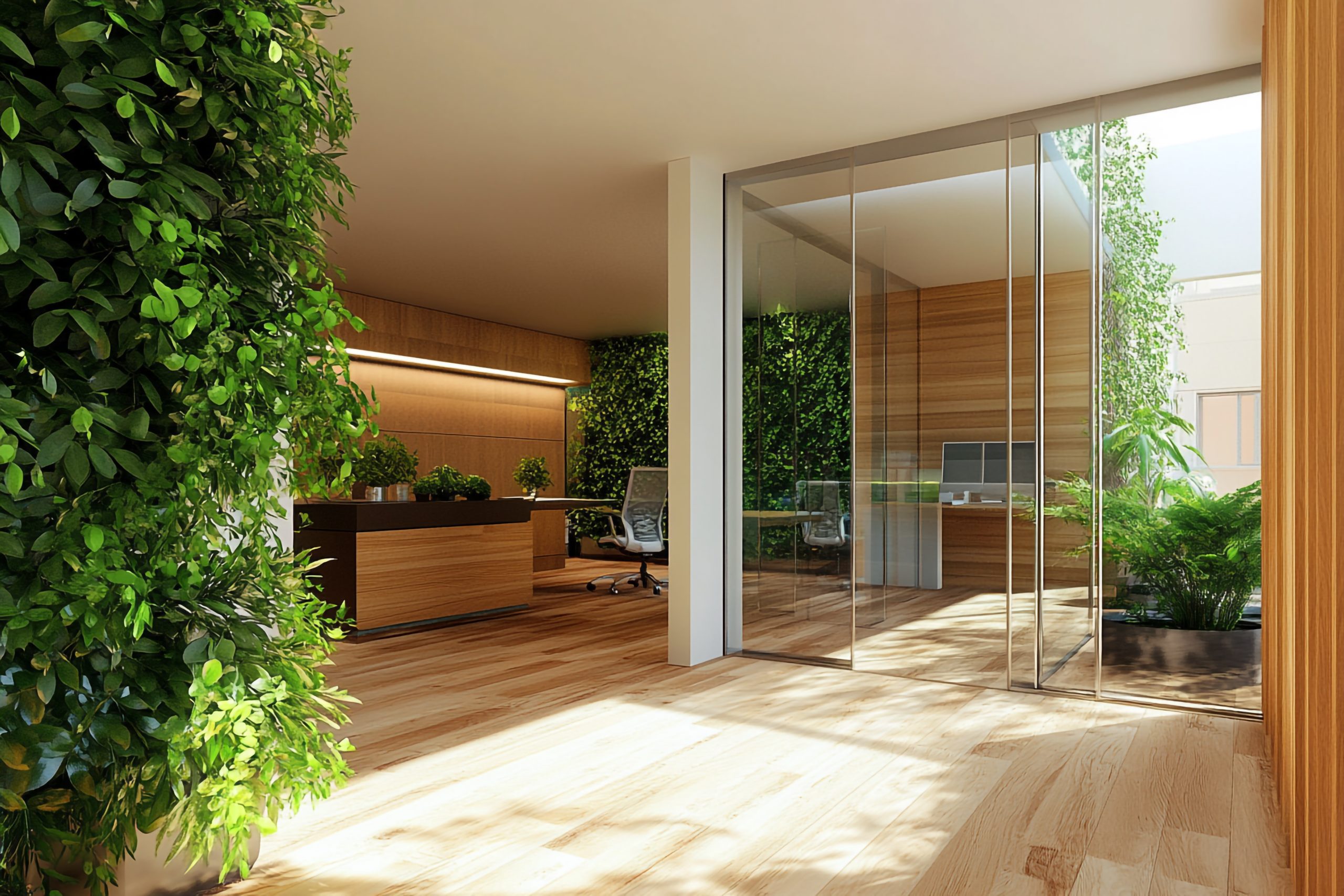 modern office design with natural wood floors living walls creating peaceful productive workspace